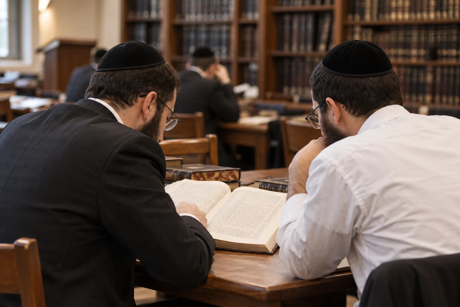 Illustrative image of two avreichim learning together in a beis medrash
