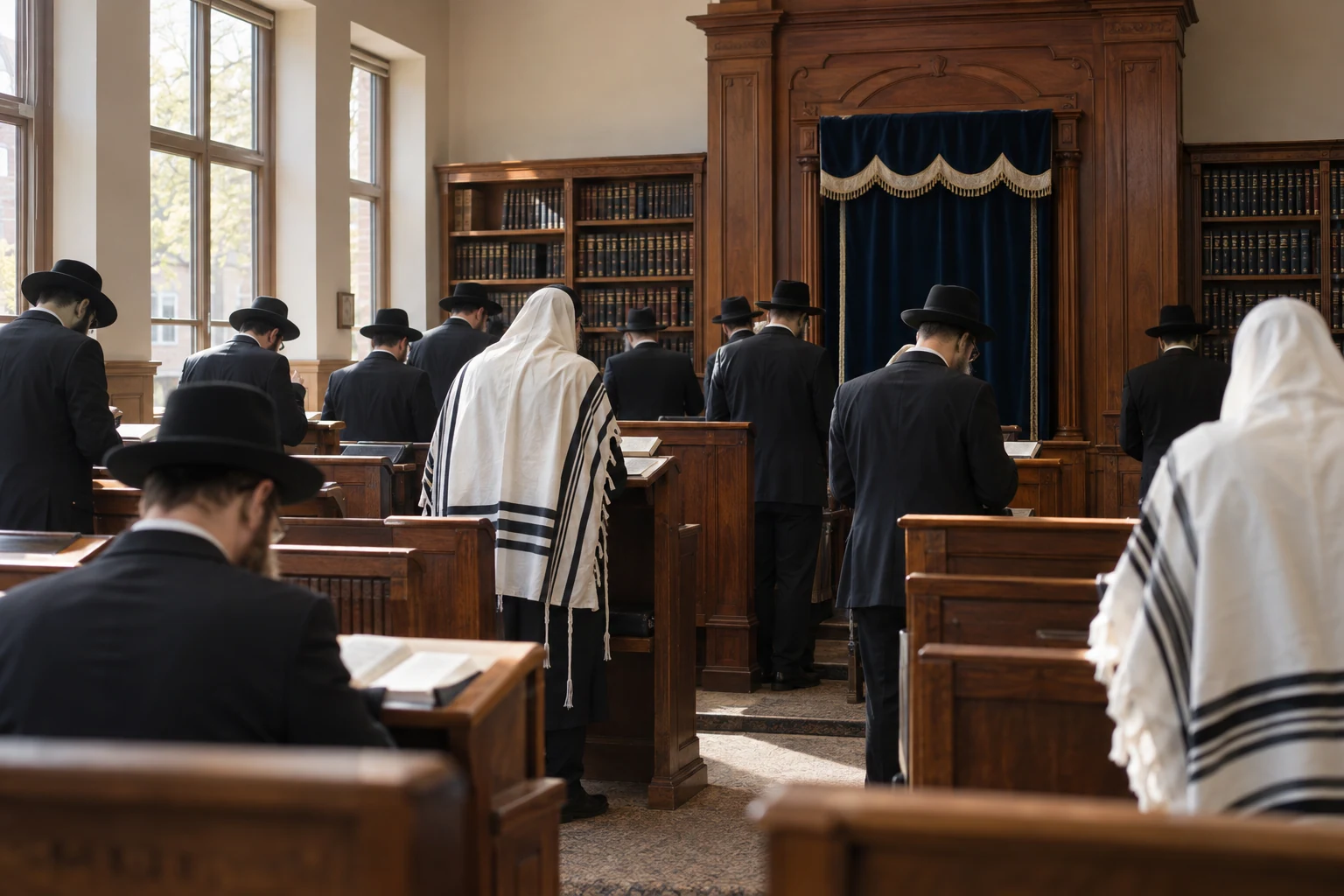 Illustrative scene of men davening in a warm, wood-furnished shul